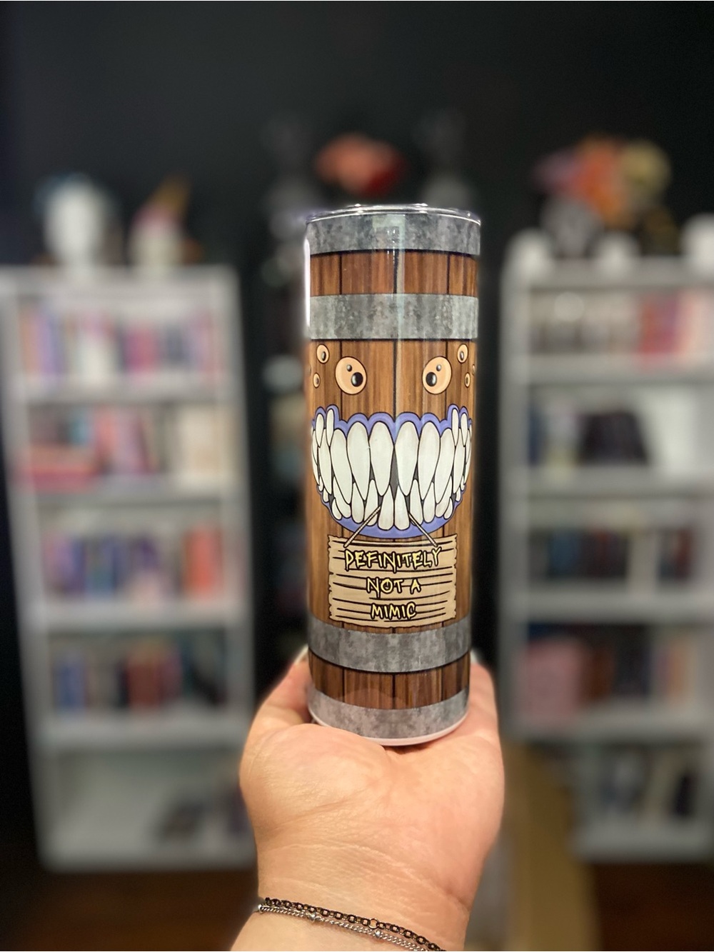 Wood-Grain Decorative Tumbler with Playful Monster Graphic - Brown